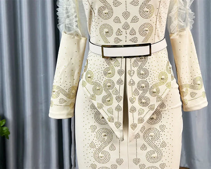 Robe longue africaine à col en v, ornée de strass, manches en maille à bulles, ajustée à la taille, fente latérale, offre spéciale