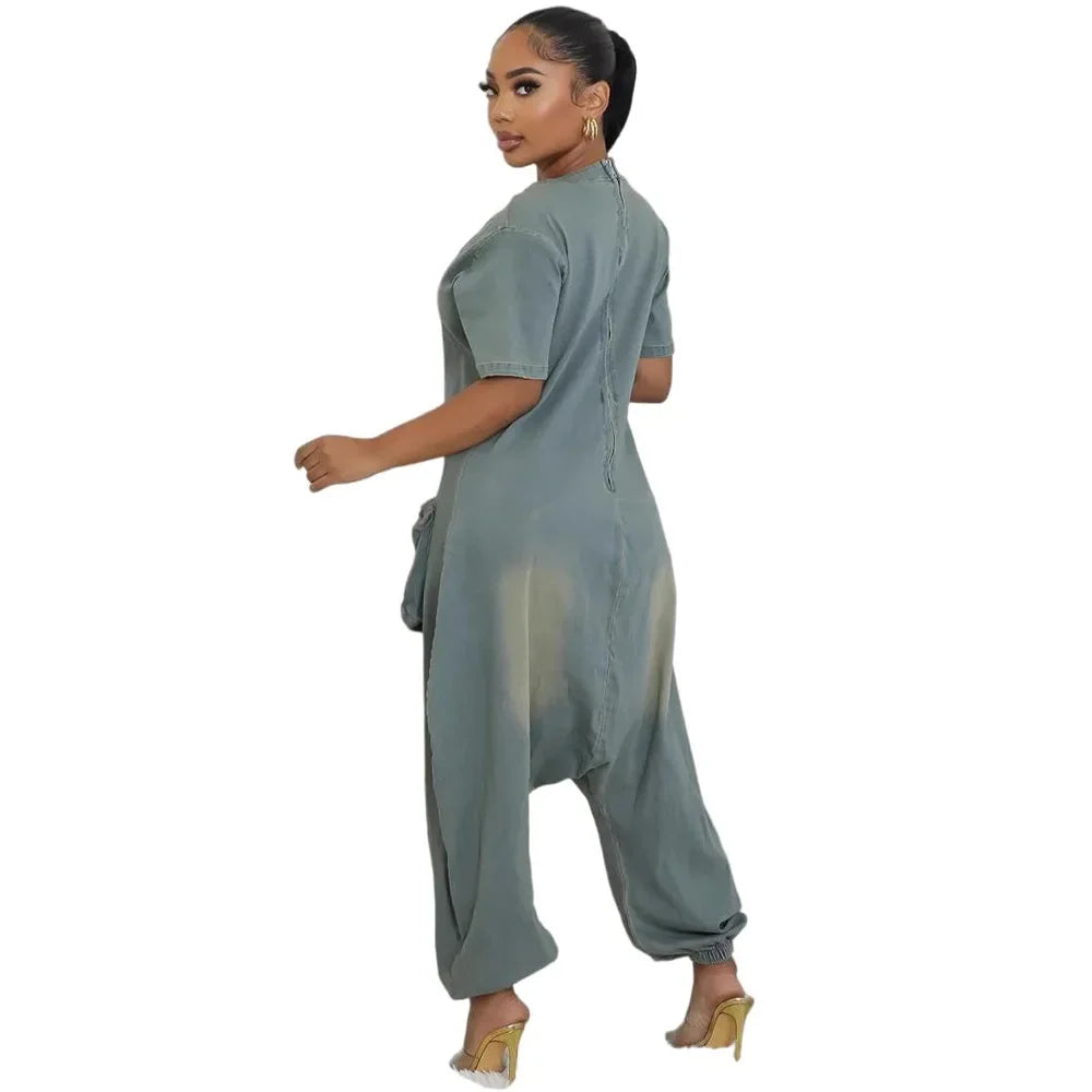 Combinaisons d'automne pour femmes, manches courtes, jean ample, délavé, une pièce, poches, Cargo, barboteuse à la mode