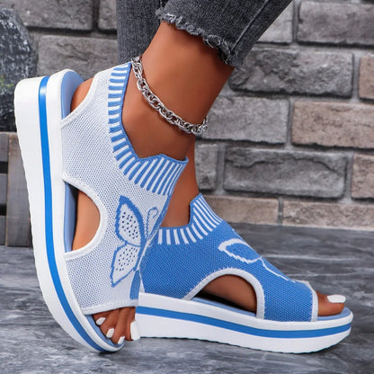 2024 été nouvelles femmes sandales bout rond plate-forme semelle maille unique femmes chaussures décontracté mode bleu papillon grande taille sandales