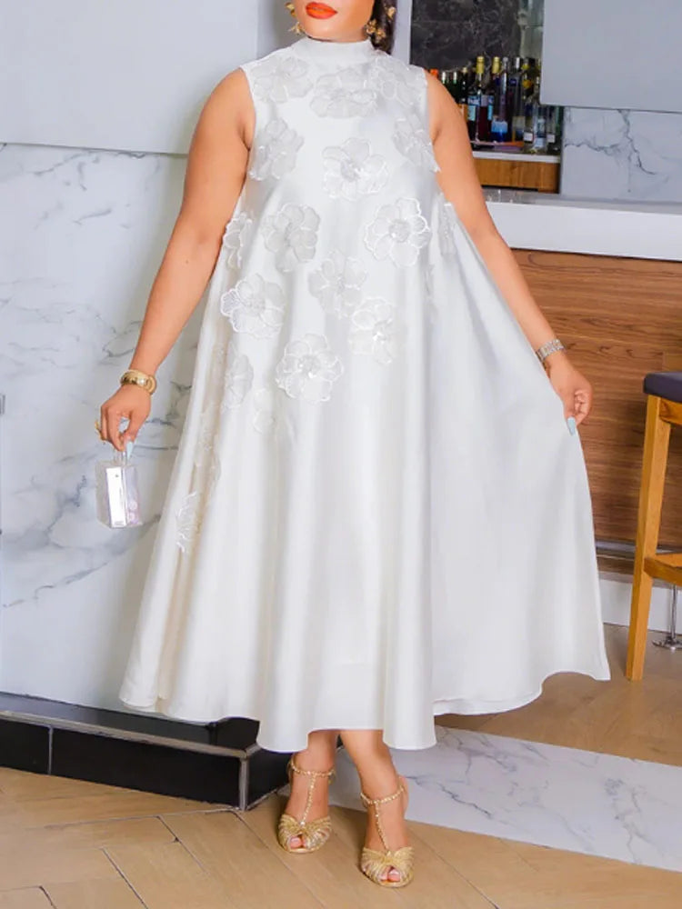 Robe de soirée décontractée pour femmes, couleur unie, col rond, sans manches, décor floral, grande balançoire