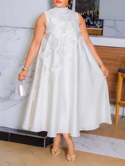 Robe de soirée décontractée pour femmes, couleur unie, col rond, sans manches, décor floral, grande balançoire