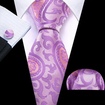 Barry.Wang violet lilas lavande soie hommes cravate mouchoir bouton de manchette ensemble Jacquard cravate florale pour homme mariage fête d'affaires