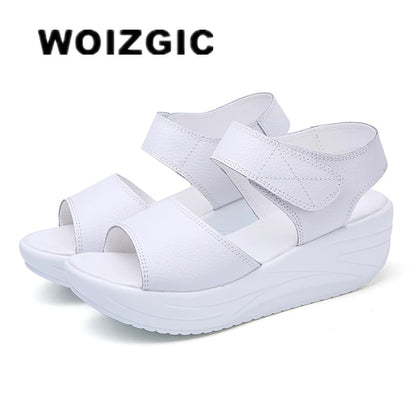WOIZGIC-Sandales en cuir véritable pour femmes, chaussures d'été décontractées à plateforme avec boucle à crochet, AM-9018