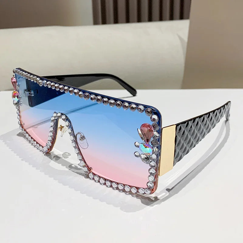 Lunettes de soleil une pièce pour femmes, grande monture rectangulaire incrustée de diamants, avec diamants d'eau