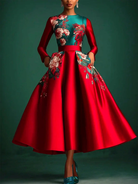 Robe trapèze en Satin pour femmes, élégante, manches longues, col rond, rétro, imprimé Floral, poches, soirée, Club, robes d'invitées de mariage