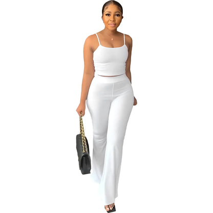 Haut court à bretelles spaghetti et pantalon évasé adt pour femmes, olympiques décontractés, ensemble deux pièces monochromes simples, tenues d'été sexy