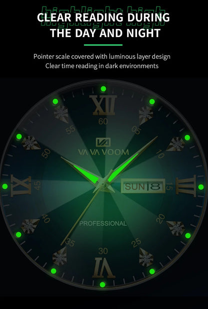 Montre de luxe en acier inoxydable pour homme, diamant, eau, lueur nocturne, double calendrier, mouvement à quartz, bleu, or, mode, affaires, 41mm