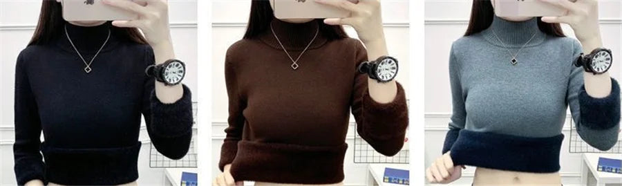 Pull Slim à Demi-Col Roulé pour Femme, Tricot Doublé de Velours, Chaud, Épais, en Jersey Doux, Collection Hiver