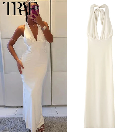 TRAF femmes robes licou blanc col en v profond dos nu robes longues Maxi soirée robes de soirée de mariage robes de bal élégantes 2025