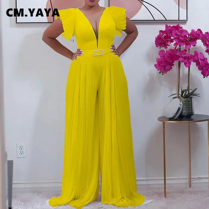 Combinaison élégante en maille patchwork plissée pour femme, jambe large, taille haute, col en V, manches évasées, combishort de fête, été 2022