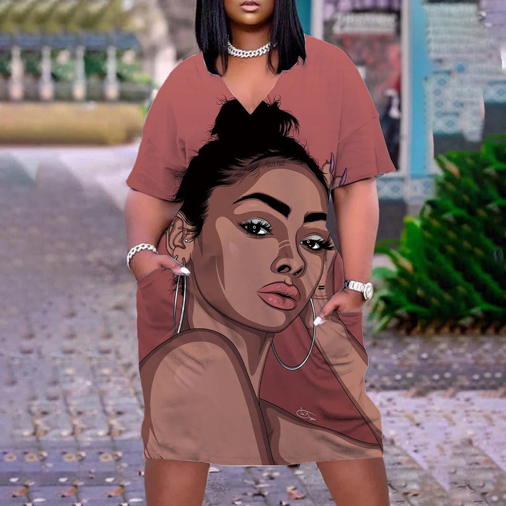 Robe d'été imprimée portrait 3D pour femmes, mode bohème, manches courtes, midi, col en v, vêtements de plage, vintage