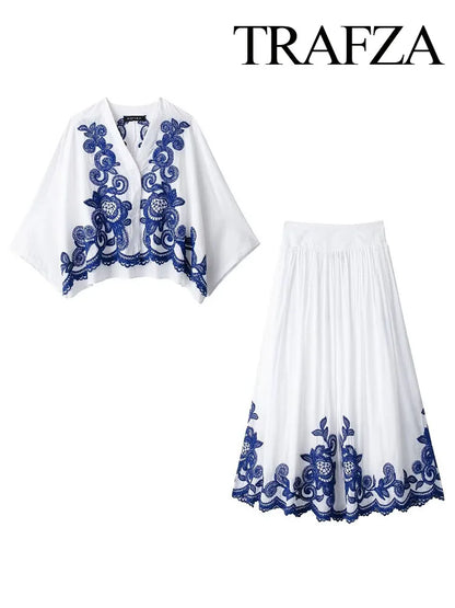 TRAFZA – ensemble 2 pièces pour femmes, chemise ample à simple boutonnage brodée bleue + jupe de rue plissée ample taille haute Chic