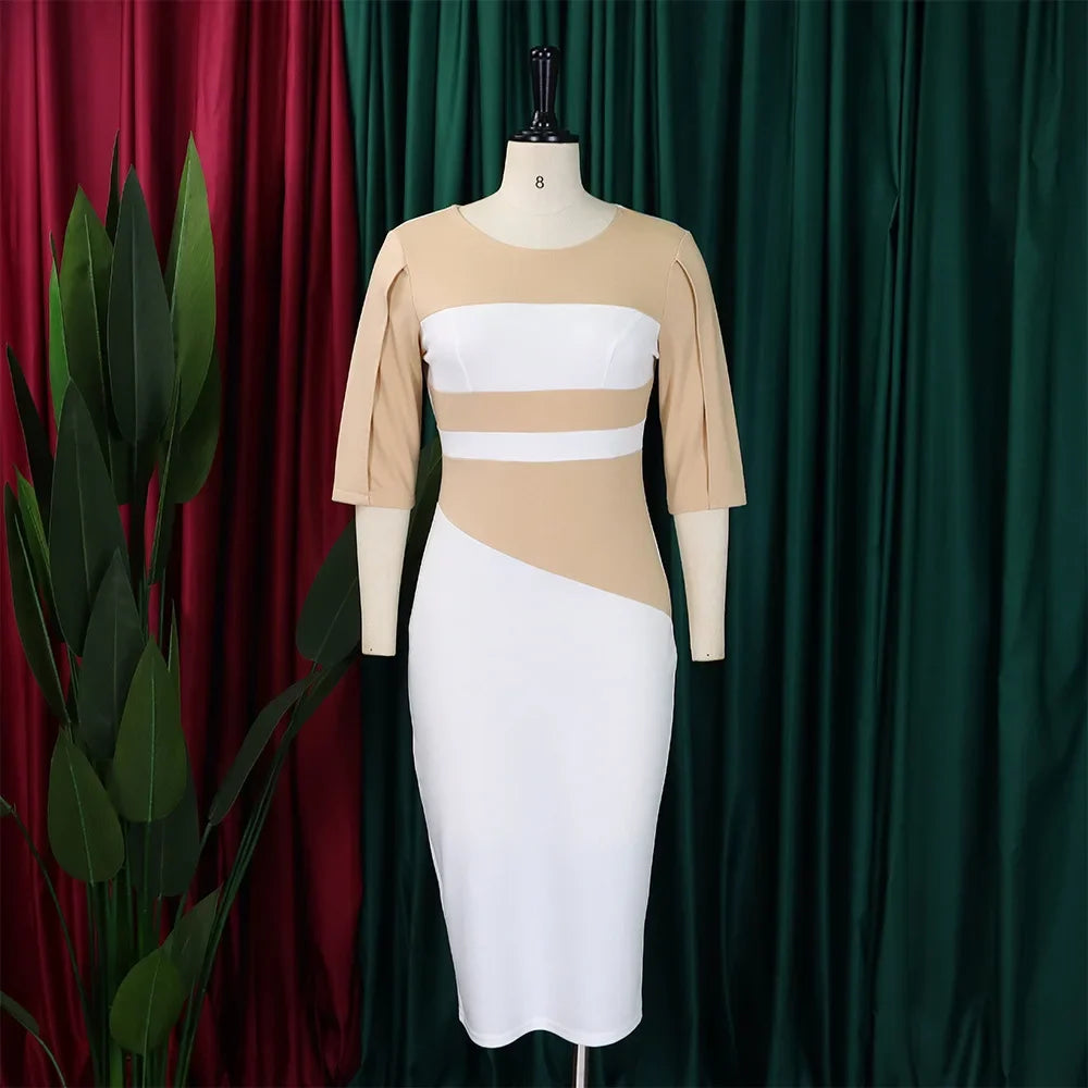Robe élégante à col rond pour femme, manches trois quarts, gaine patchwork, hanches GT, mi-mollet, affaires professionnelles, chaud, bureau
