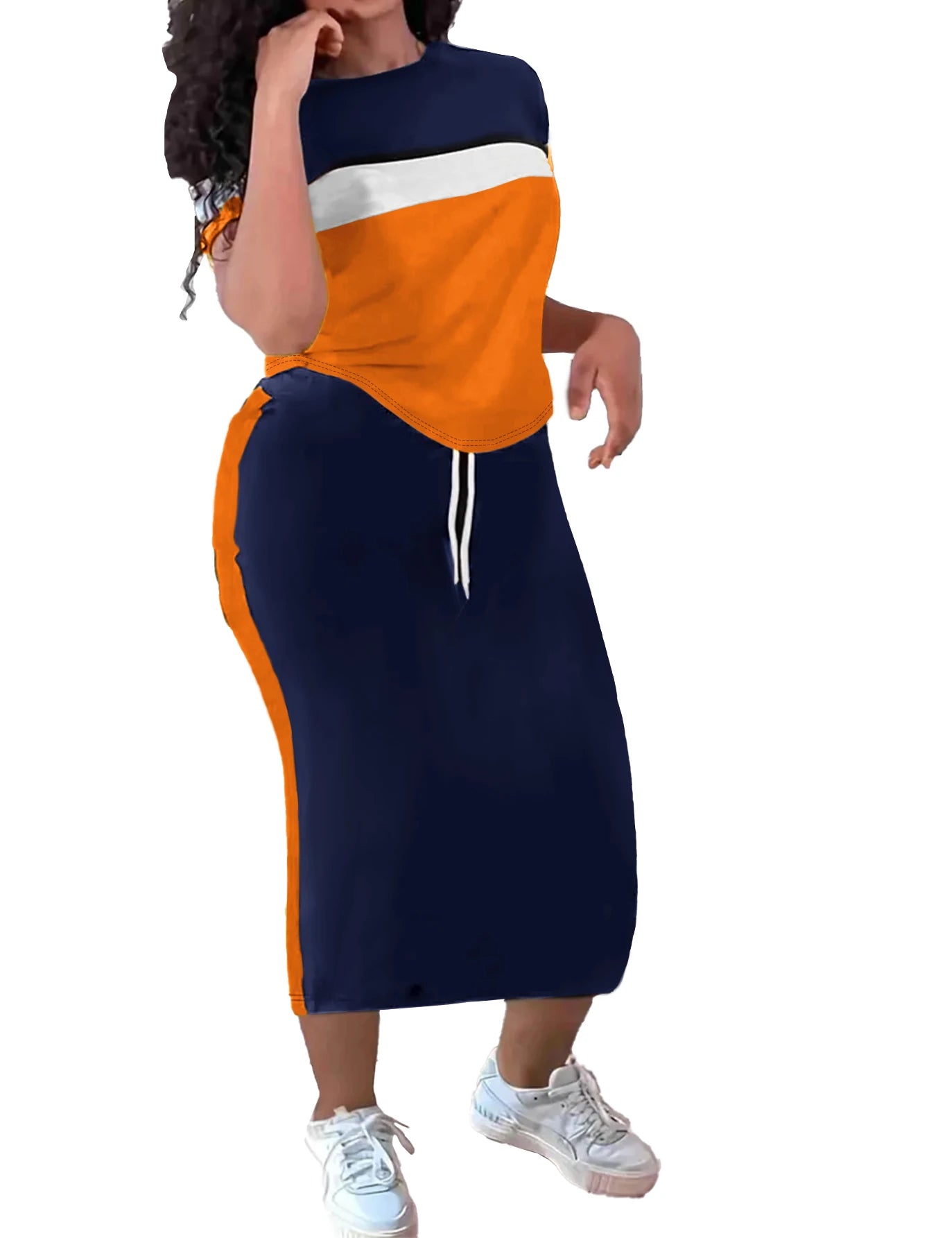 Ensemble demi-jupe d'été pour femmes, deux pièces, manches courtes, rayures latérales, ceinture de taille réglable, ample, décontracté, respirant, polyvalent