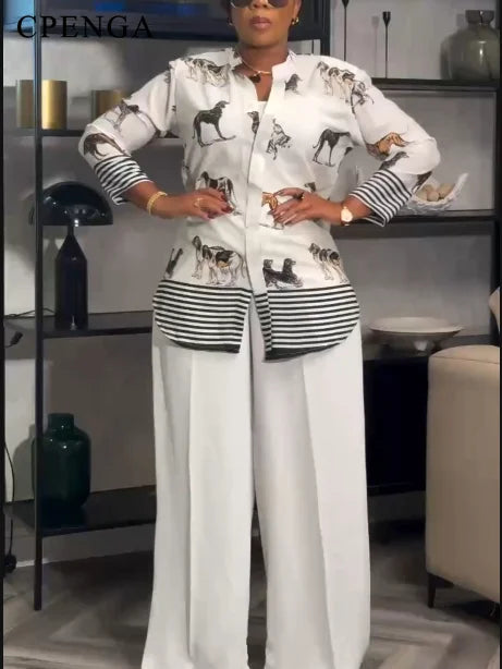 Ensemble Dashiki africain 2 pièces pour femmes, haut imprimé chien, pantalon ample, costume traditionnel, respirant, confortable, tenue décontractée, été