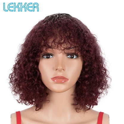 Lekker couleur courte Pixie Afro crépus bouclés Bob 100% perruques de cheveux humains avec frange pour les femmes brésilien Remy cheveux Ombre brun perruques