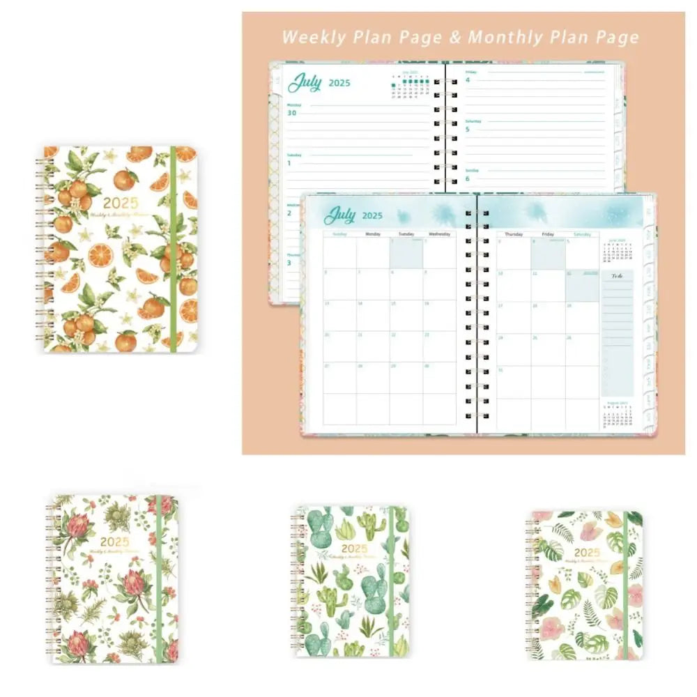 Agenda mensuel en anglais 2025, livre à bobine à feuilles mobiles, Plan hebdomadaire, carnet de notes à fleurs, organisateur de liste de choses à faire