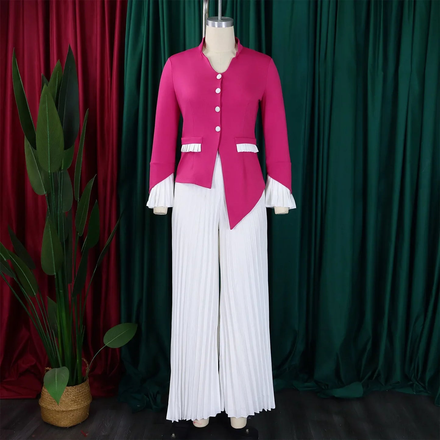 BS -  ensemble élégant  femme manches évasées bouton Blazer chemise + pantalon Long plissé costume Streetwear deux 2 pièces ensemble afrique OL tenues