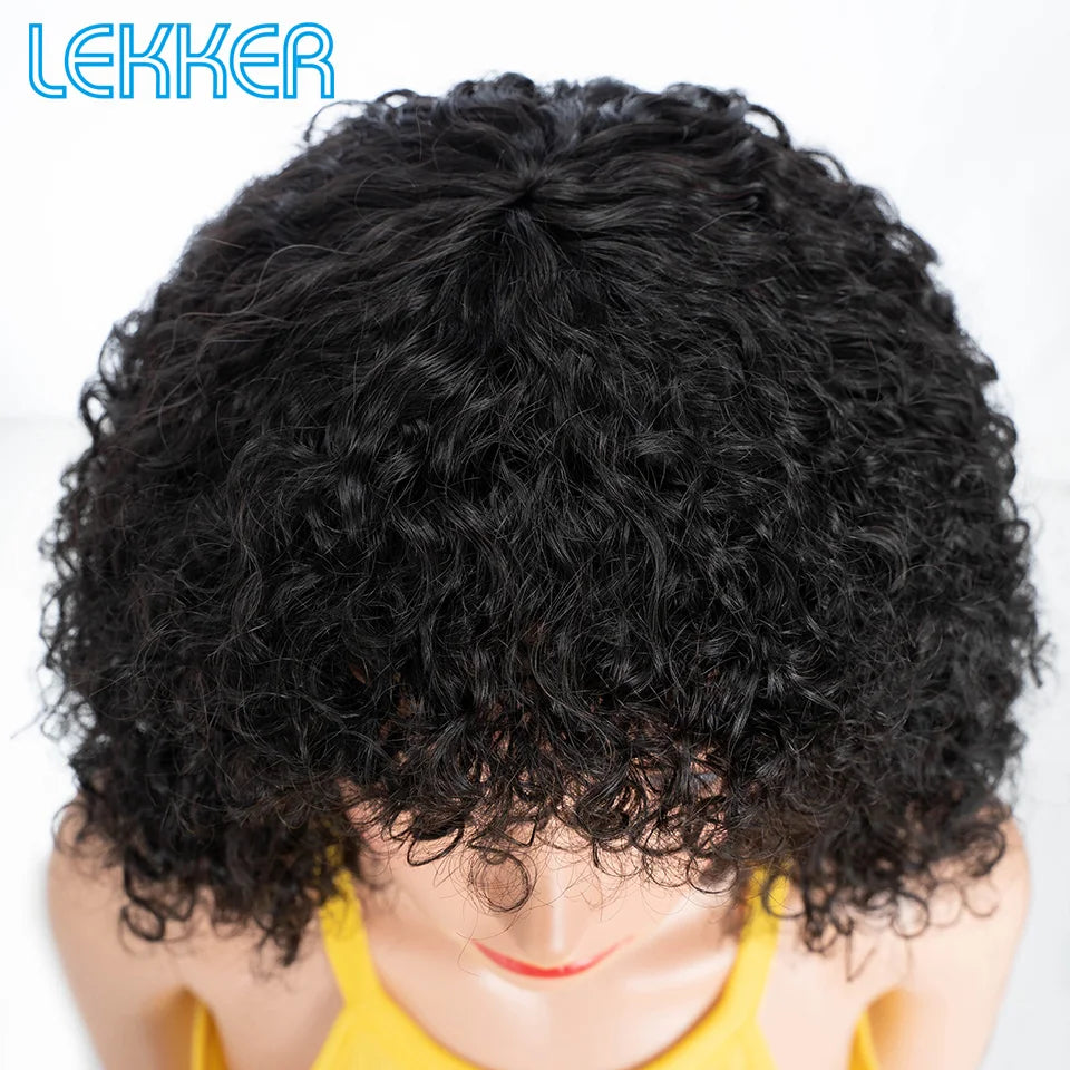 Lekker couleur courte Pixie Afro crépus bouclés Bob 100% perruques de cheveux humains avec frange pour les femmes brésilien Remy cheveux Ombre brun perruques