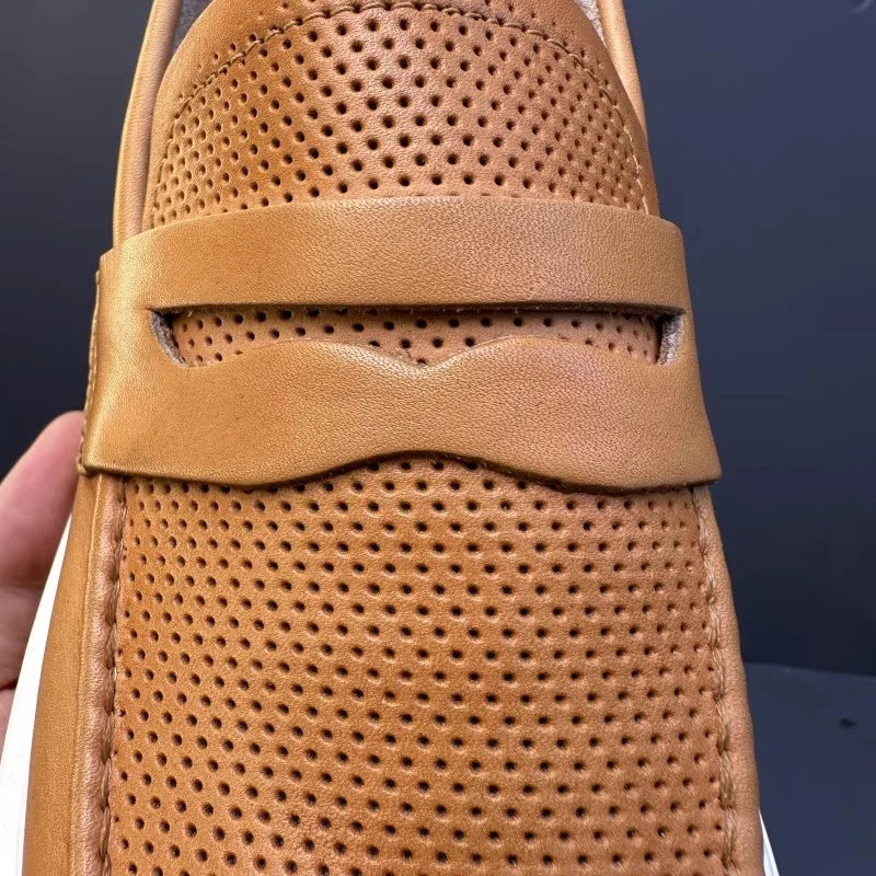 Mocassins en cuir de vachette à plateforme vintage pour hommes, chaussures en cuir véritable, respirant, évider, décontracté, conduite, affaires, été
