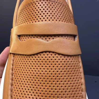 Mocassins en cuir de vachette à plateforme vintage pour hommes, chaussures en cuir véritable, respirant, évider, décontracté, conduite, affaires, été