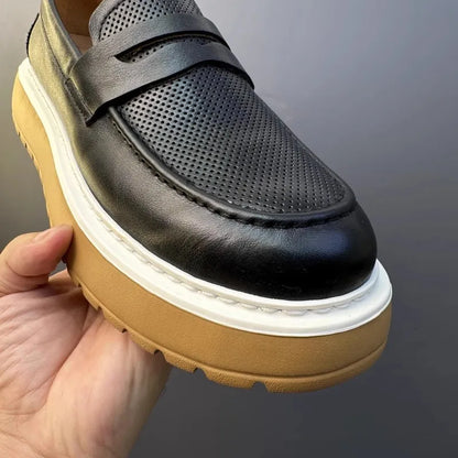 Mocassins en cuir de vachette à plateforme vintage pour hommes, chaussures en cuir véritable, respirant, évider, décontracté, conduite, affaires, été
