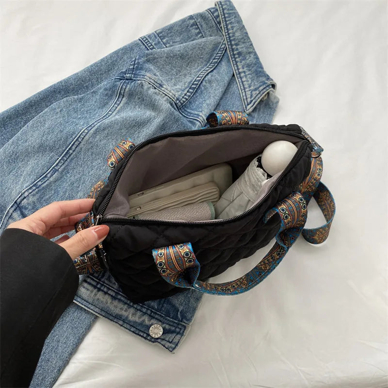 Sac à main à large ceinture pour femmes, automne/hiver, espace losange, sac à bandoulière en coton, grande capacité, fourre-tout de Shopping assorti