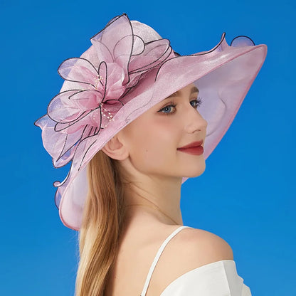 Chapeau Derby à fleurs de couleur unie pour femmes, en Organza à large bord, à volants, chapeau de soleil pliable, Protection UV, pour fête de thé, mariage