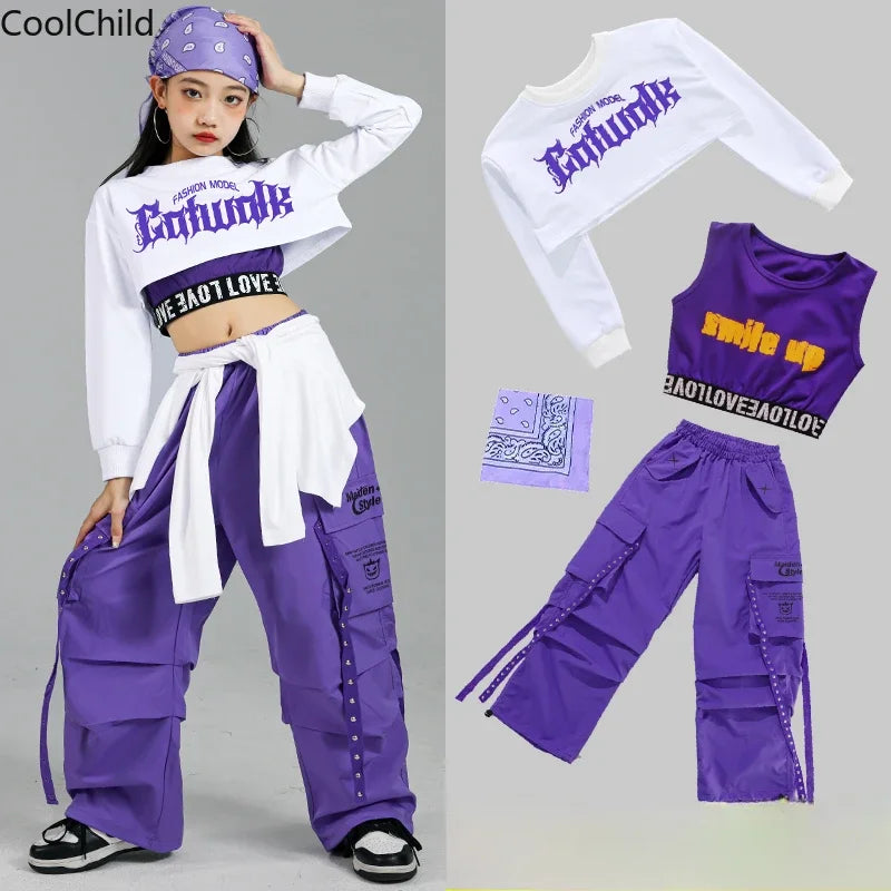 Haut court K-pop pour filles, pantalons cargo, cardigan de danse de rue pour enfants, olympiques streetwear pour enfants, ensembles de vêtements de groupe de filles Jazz