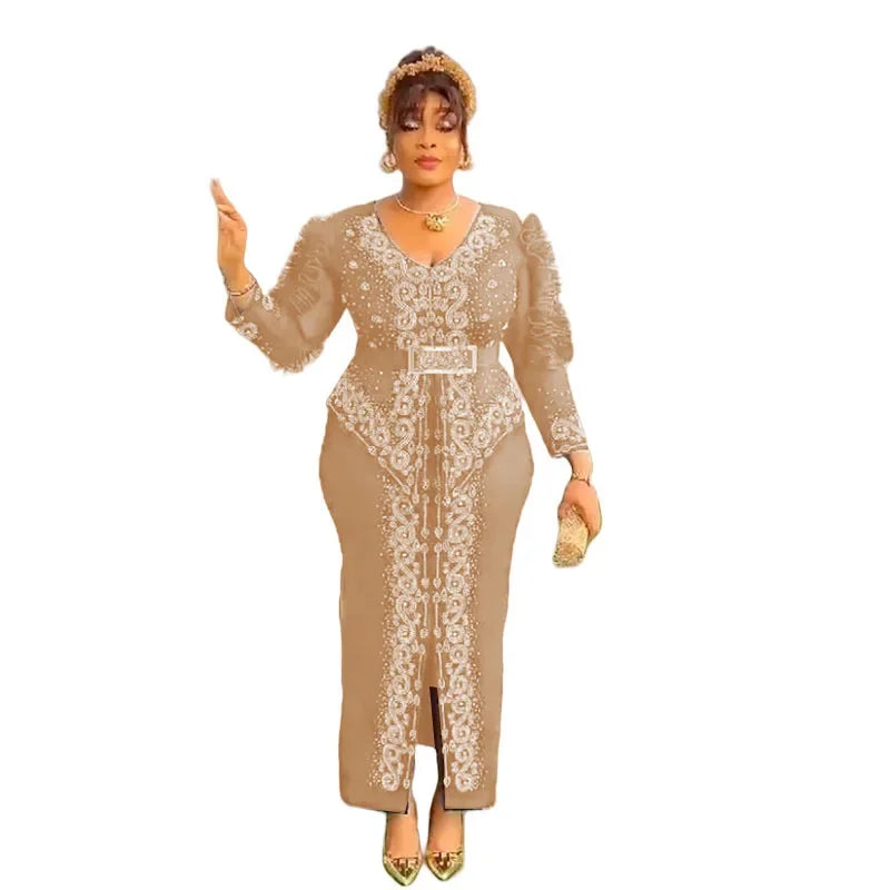 Robe longue africaine à col en v, ornée de strass, manches en maille à bulles, ajustée à la taille, fente latérale, offre spéciale