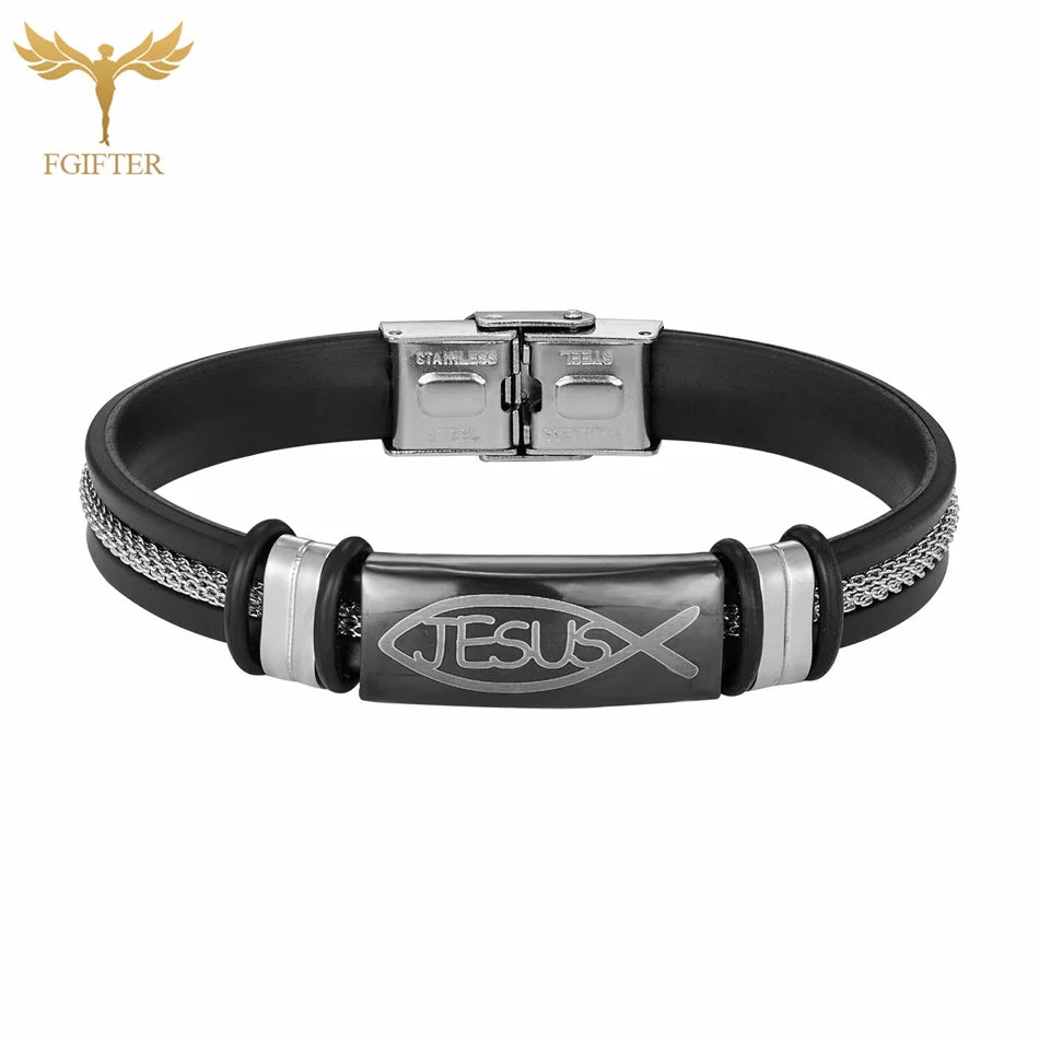 Bracelet symbole de poisson de jésus chrétien avec chaîne, manchette en acier inoxydable, en Silicone noir, bijoux d'été pour femmes et hommes