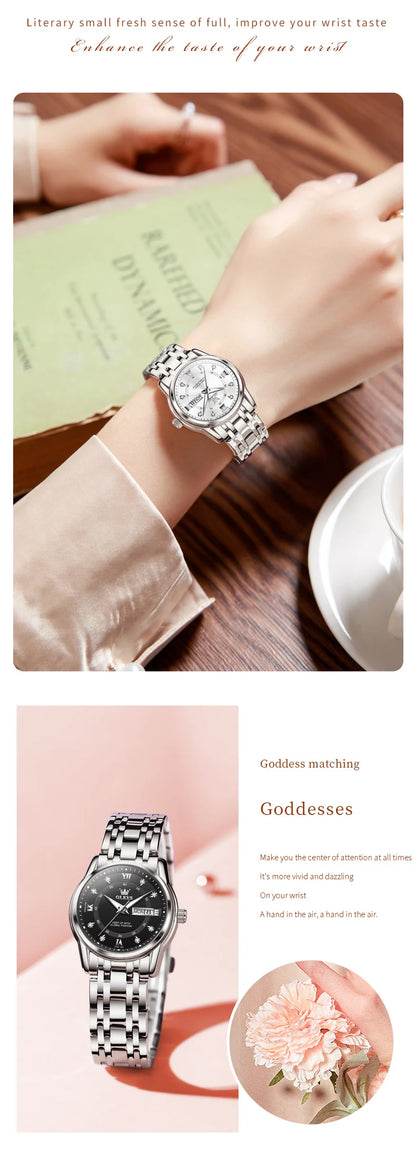 OLEVS meilleure vente mode en acier inoxydable Quartz dames montre de luxe double calendrier lumineux étanche montre élégante pour les femmes