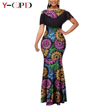 Robes africaines pour femmes, tenues de Couple assorties, Bazin Riche Dashiki, Slim, imprimé pompon, longues robes de fête Y23C009
