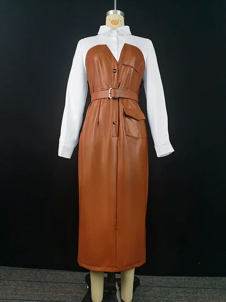 Robe mi-longue à manches longues pour femmes avec boutons, jupe chemise en PU, poche patchwork, ceinture maigre, revers, femme, automne, nouveau, 2025