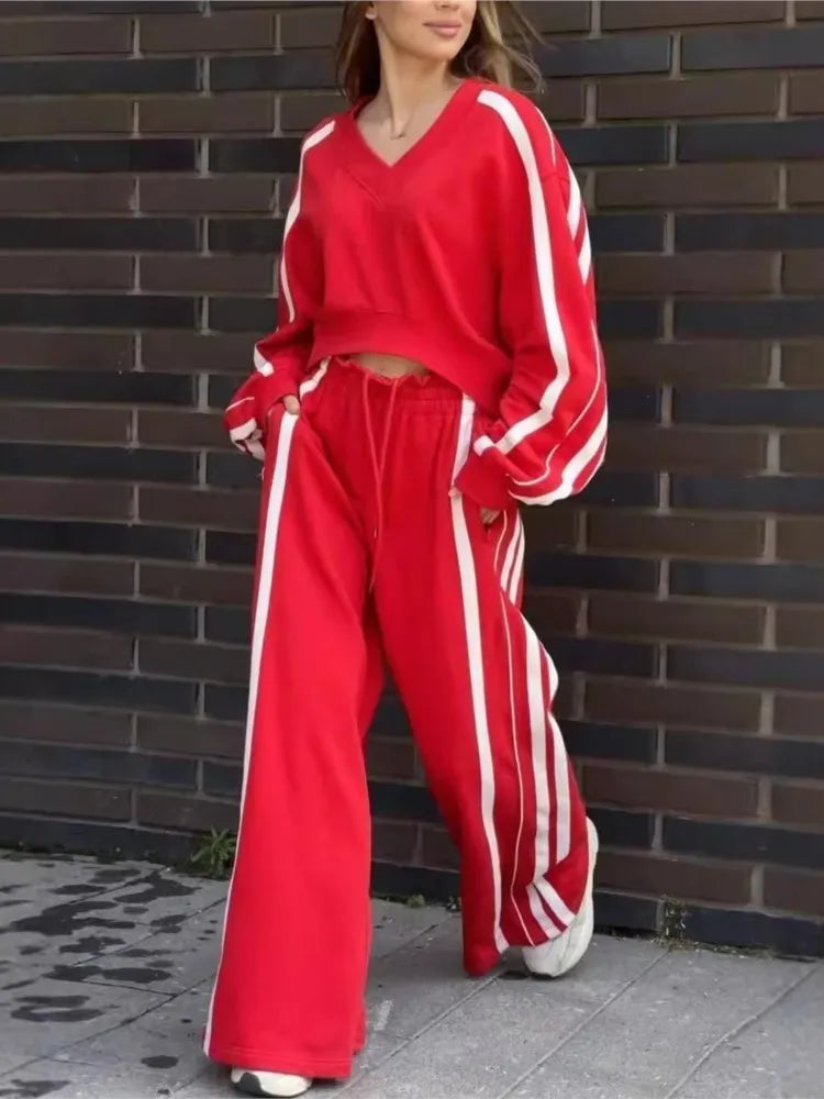 Ensemble 2 pièces pour femmes, haut court à manches longues, col en v + pantalon à jambes larges, avec poches bloquées de couleur, ample, nouvelle mode automne