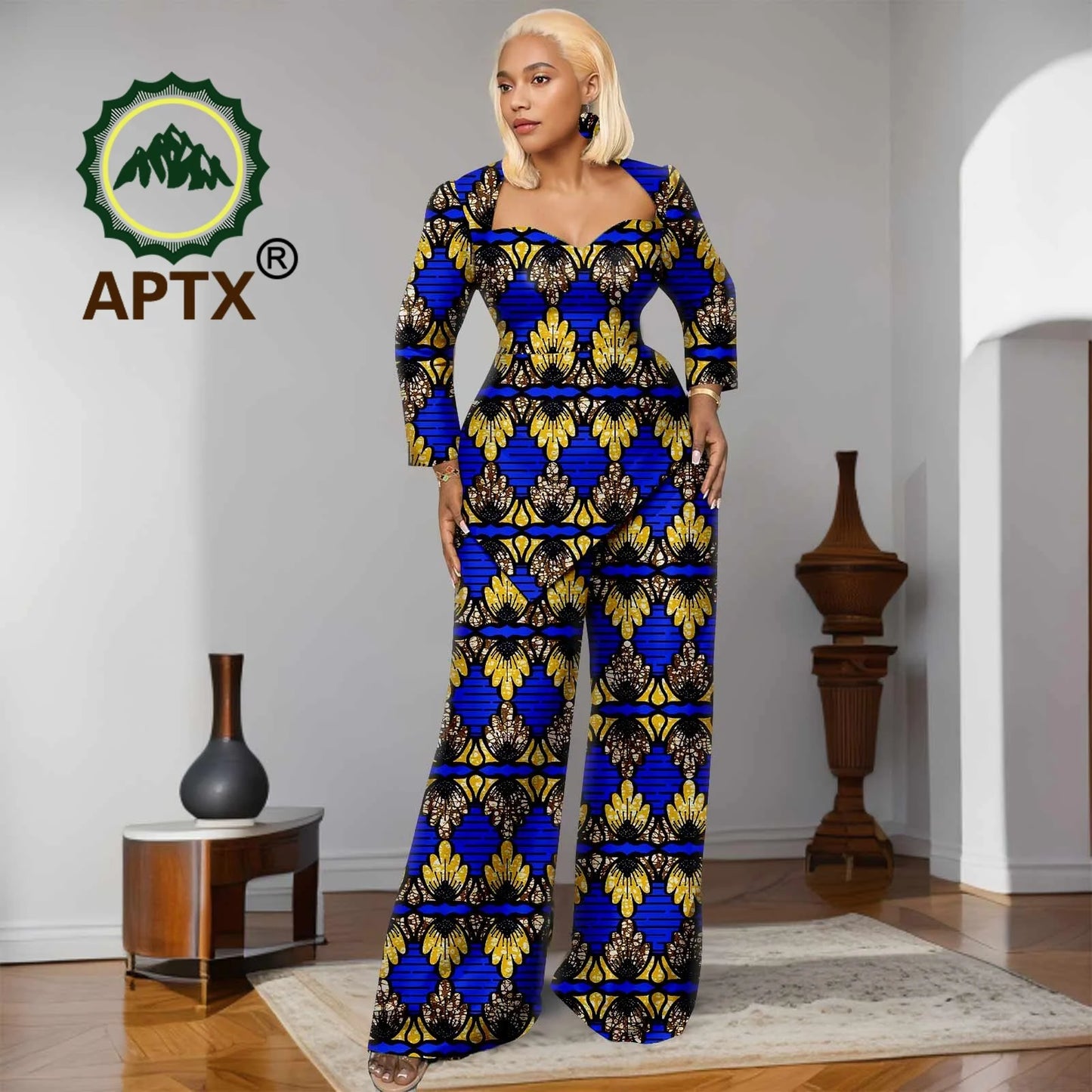 Ensemble deux pièces imprimé africain Ankara pour femmes, haut à manches neuf quarts et pantalon longueur au sol, ensemble décontracté Dashiki avec boucles d'oreilles