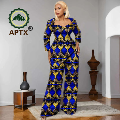 Ensemble deux pièces imprimé africain Ankara pour femmes, haut à manches neuf quarts et pantalon longueur au sol, ensemble décontracté Dashiki avec boucles d'oreilles