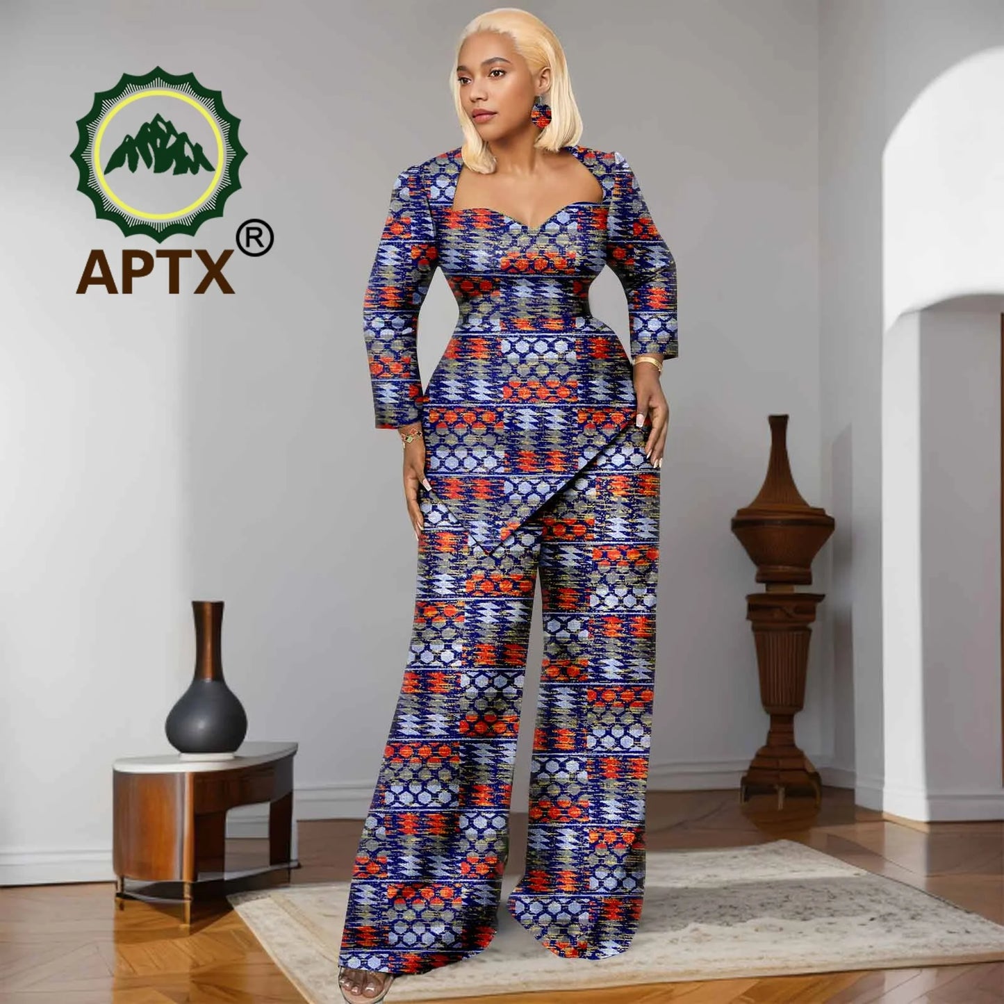 Ensemble deux pièces imprimé africain Ankara pour femmes, haut à manches neuf quarts et pantalon longueur au sol, ensemble décontracté Dashiki avec boucles d'oreilles
