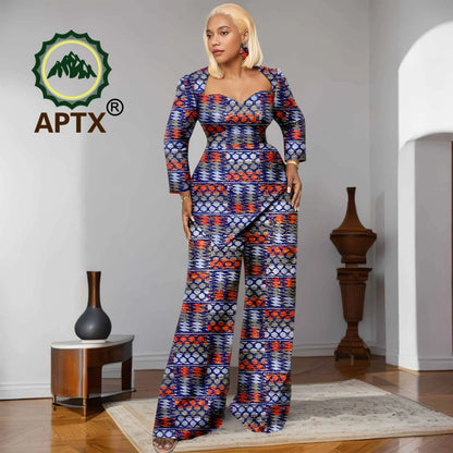 Ensemble deux pièces imprimé africain Ankara pour femmes, haut à manches neuf quarts et pantalon longueur au sol, ensemble décontracté Dashiki avec boucles d'oreilles