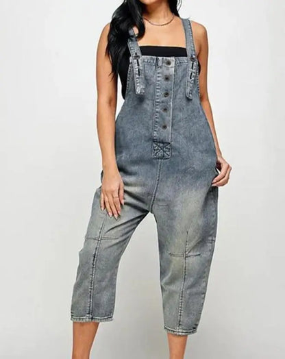 Combinaison en denim bleu pour femme, jambe large fendue, bouton de poche, bretelles fines, combinaison vintage, mode globale, 2025