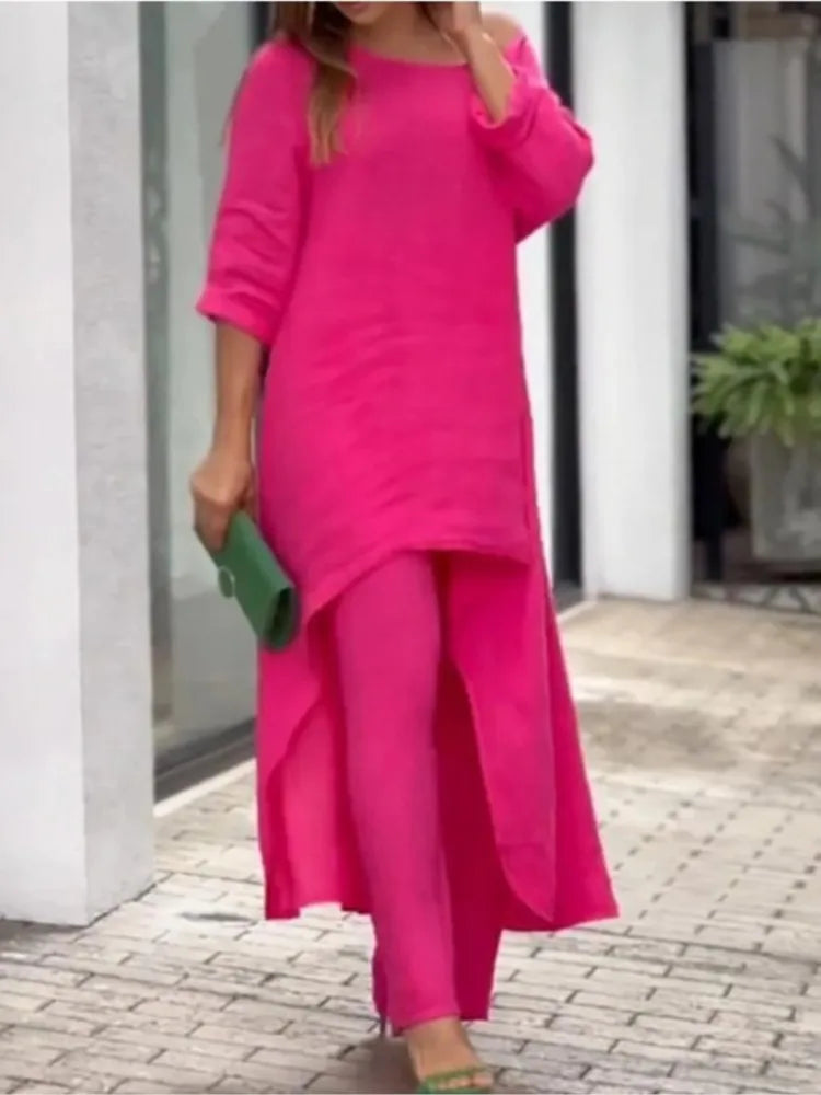 BERAKAH SUPREME - Ensemble pantalon Long en coton et lin pour femmes, mode solide, décontracté, hauts irréguliers, jambes larges, costumes de bureau, ensemble deux pièces, vêtements