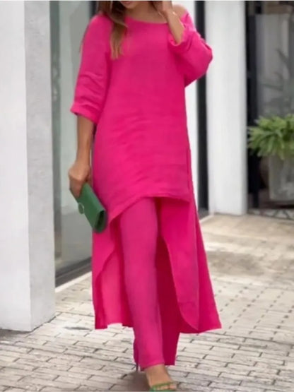 BERAKAH SUPREME - Ensemble pantalon Long en coton et lin pour femmes, mode solide, décontracté, hauts irréguliers, jambes larges, costumes de bureau, ensemble deux pièces, vêtements