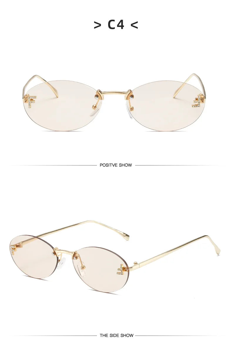 Lunettes de soleil noires sans bords avec petite lettre ovale en diamant «F» pour femmes, marque de luxe, monture métallique, lunettes de soleil Unsiex, nuances élégantes UV400