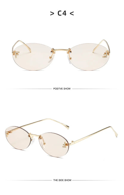 Lunettes de soleil noires sans bords avec petite lettre ovale en diamant «F» pour femmes, marque de luxe, monture métallique, lunettes de soleil Unsiex, nuances élégantes UV400