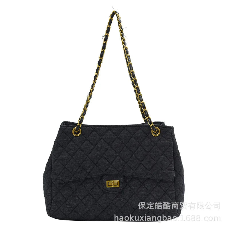 Sac à bandoulière en chaîne en Denim tendance, polyvalent, à motifs de diamants, forme carrée douce, Style minimaliste neutre, Linin en Polyester