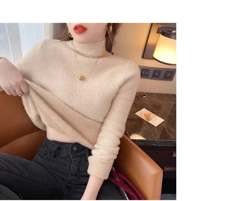 Pull à col roulé à manches longues pour femmes, optique, mince, doux, chaud, côtelé, hiver, automne, 2024