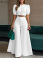 BS -  rue mode femme 2 pièces ensembles élégant manches courtes bouffantes haut court pantalon à jambes larges 2 pièces tenue élégant bureau pantalon ensembles