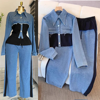 Ensemble deux pièces pour femmes, pantalon en Denim, épissure assortie, haut de printemps, jambes larges, pantalons longs, décontracté, ample, à lacets, taille haute, survêtement