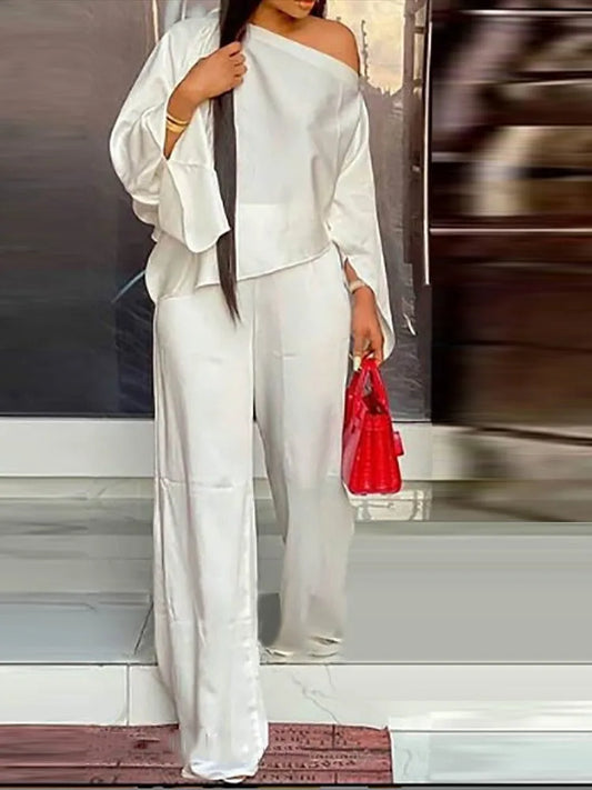 Ensemble Deux Pièces Élégant pour Femme, Couleur Unie, Manches Évasées, Sexy, Blouse, Haut + Pantalon à Jambes Larges, Costumes à la Mode, Automne