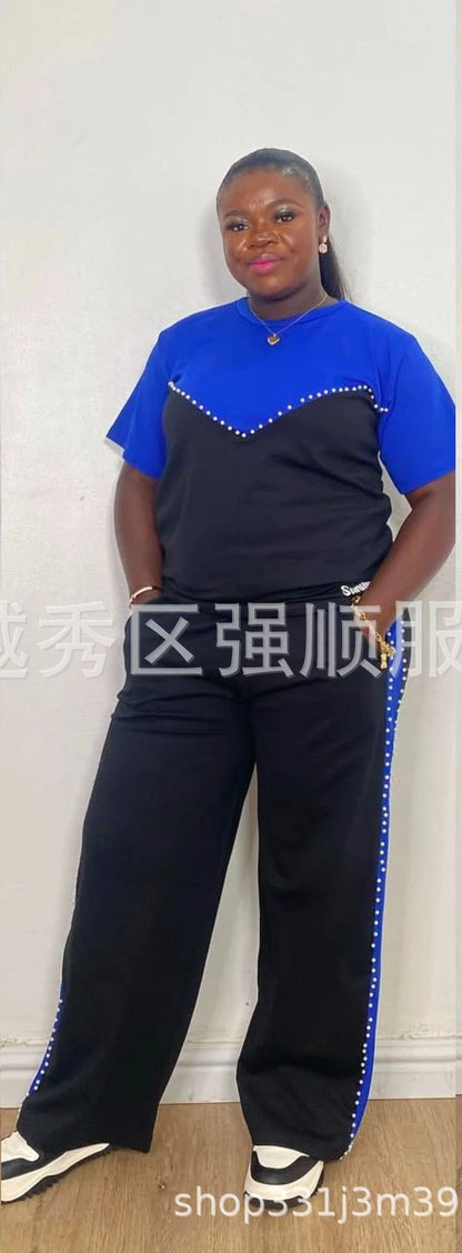 Personnalisé 2025 nouvelles femmes rayure imprimé 2 pièces ensembles survêtement femmes décontracté grande taille bureau montre de sport et pantalon à jambes larges ensemble